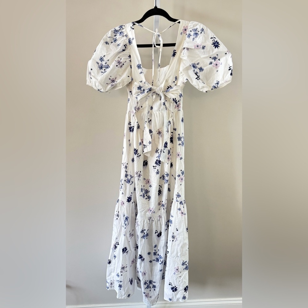 WAYF White Blue Floral Puff Sleeve Tie Back Midi Dress XS - Picture 6 of 15